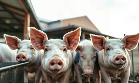 Hogs in a commercial farm pen with natural lighting, representing the lean hog futures market.