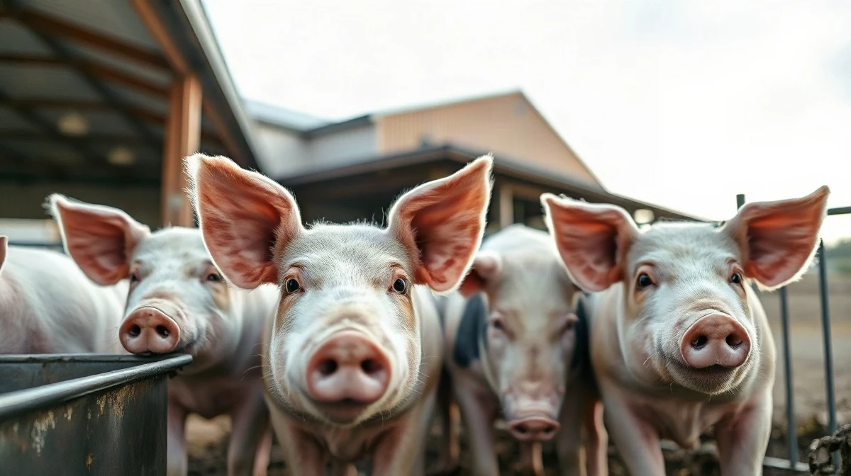 Hogs in a commercial farm pen with natural lighting, representing the lean hog futures market.