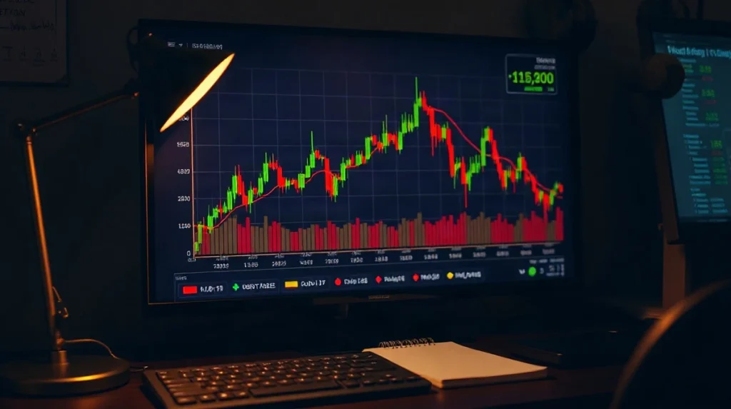 Energy stock trading chart on a desk screen in a dimly lit office, focused on recent lows