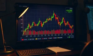 Energy stock trading chart on a desk screen in a dimly lit office, focused on recent lows