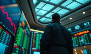Trader watching a falling stock chart on a trading floor ticker board
