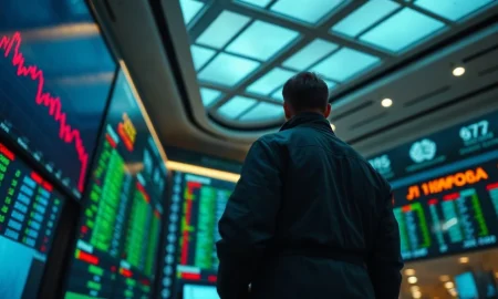 Trader watching a falling stock chart on a trading floor ticker board