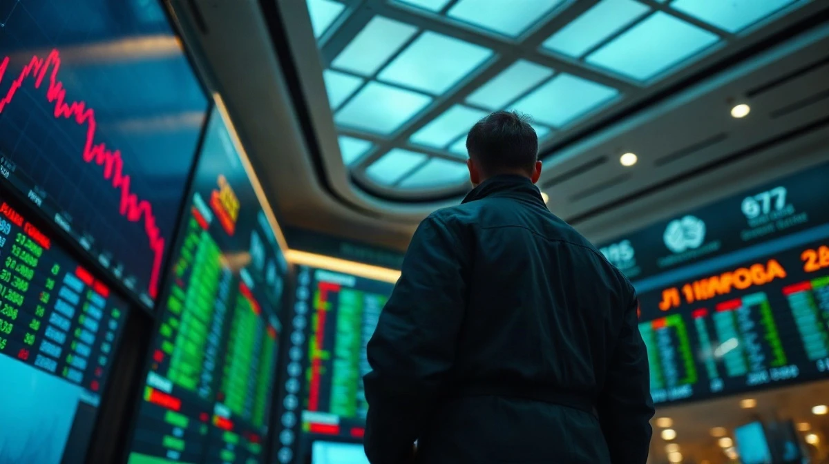 Trader watching a falling stock chart on a trading floor ticker board