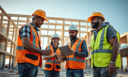 Skilled trades workers in hard hats and safety vests collaborating on a construction site.