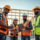 Skilled trades workers in hard hats and safety vests collaborating on a construction site.