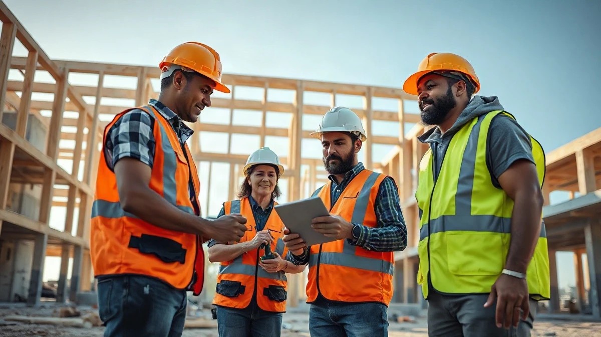Skilled trades workers in hard hats and safety vests collaborating on a construction site.