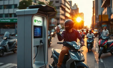 An electric two-wheeler rider swapping a battery at a Yuma Energy station in India