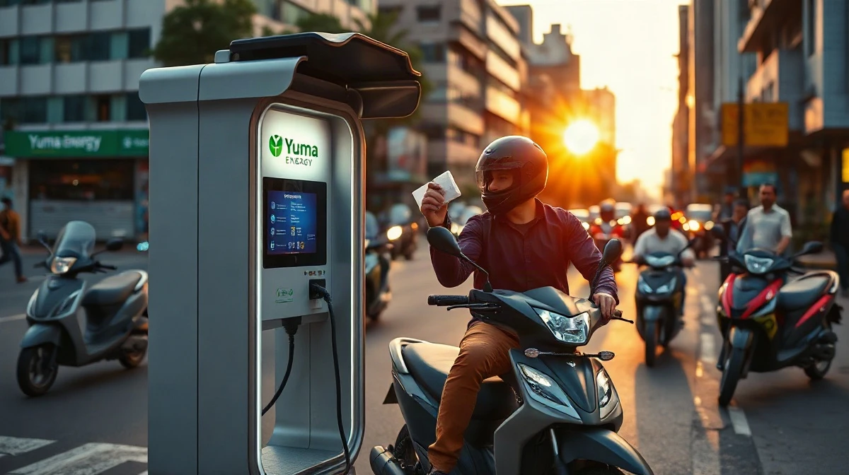 An electric two-wheeler rider swapping a battery at a Yuma Energy station in India