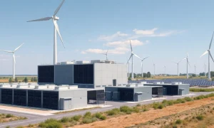 Aerial view of a large data center campus with wind turbines and solar panels nearby