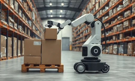 Warehouse robot with two arms stacking boxes onto a mixed pallet at a distribution center