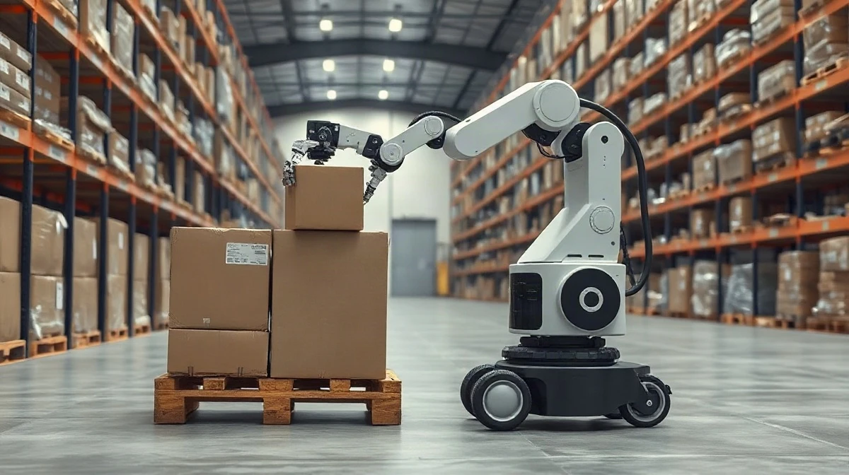 Warehouse robot with two arms stacking boxes onto a mixed pallet at a distribution center