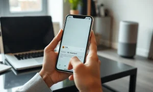 Hands holding a smartphone showing an AI assistant interface in a bright modern home setting.
