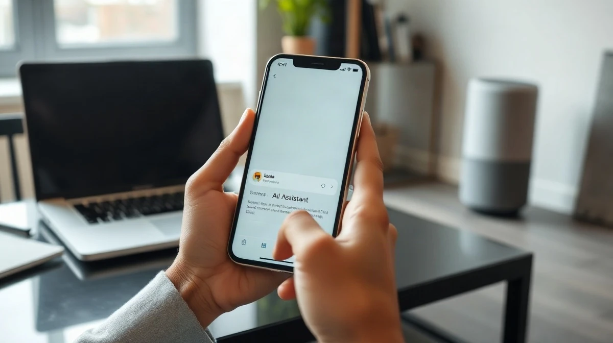 Hands holding a smartphone showing an AI assistant interface in a bright modern home setting.