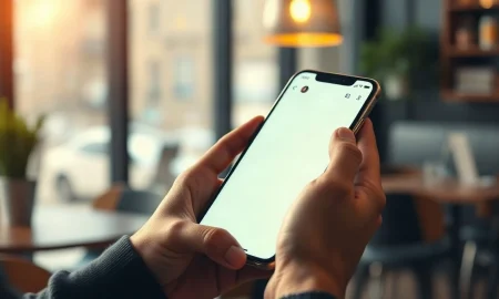 Hands holding a smartphone showing a digital assistant chat interface in a coffee shop