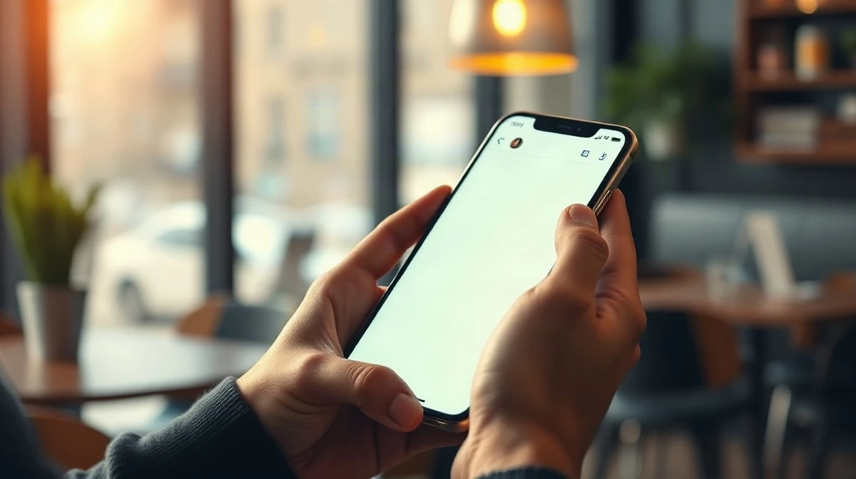 Hands holding a smartphone showing a digital assistant chat interface in a coffee shop