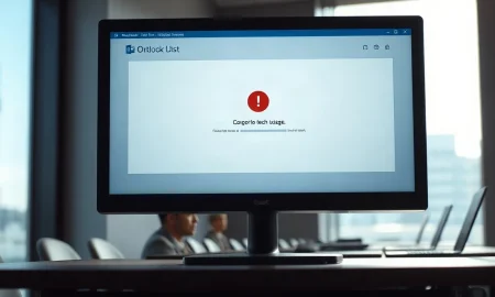 Microsoft Outlook email interface showing an error on a desktop monitor during an outage