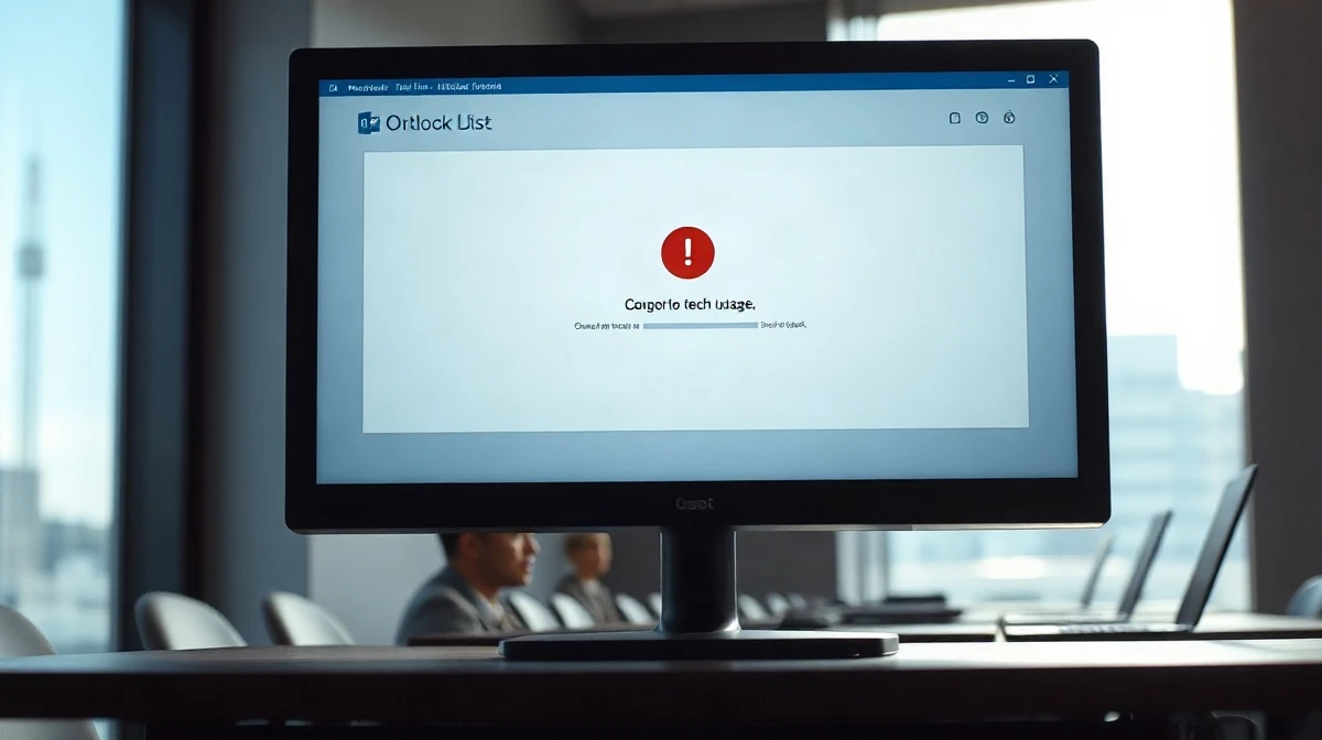 Microsoft Outlook email interface showing an error on a desktop monitor during an outage