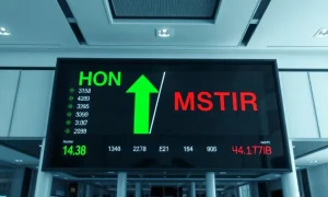 Stock market display board showing Honeywell and Strategy stock movements on Nasdaq 100