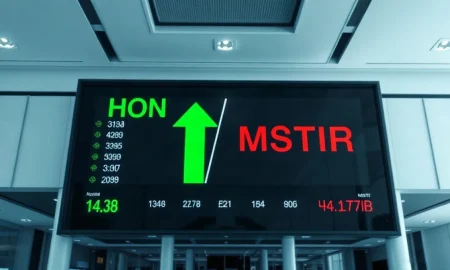 Stock market display board showing Honeywell and Strategy stock movements on Nasdaq 100