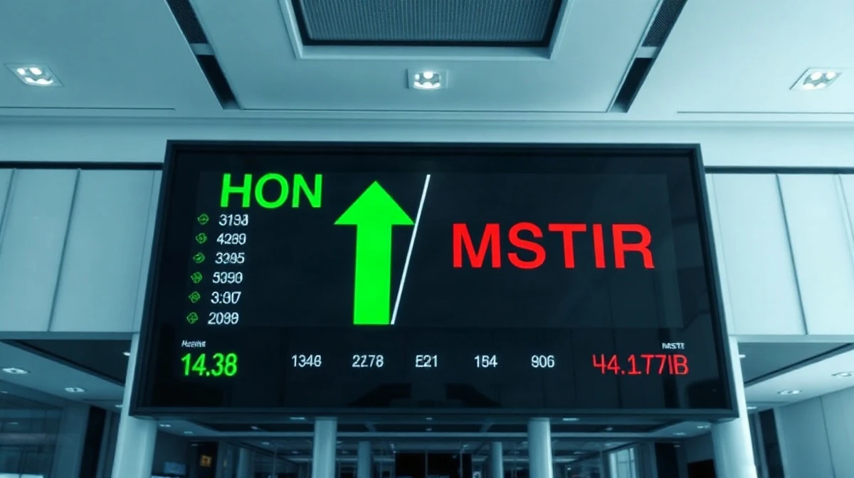 Stock market display board showing Honeywell and Strategy stock movements on Nasdaq 100