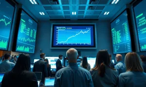 Traders on a modern floor with screens showing market data and an upward trend, symbolizing Nasdaq's tech-driven market modernization.