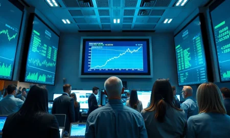 Traders on a modern floor with screens showing market data and an upward trend, symbolizing Nasdaq's tech-driven market modernization.
