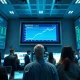 Traders on a modern floor with screens showing market data and an upward trend, symbolizing Nasdaq's tech-driven market modernization.