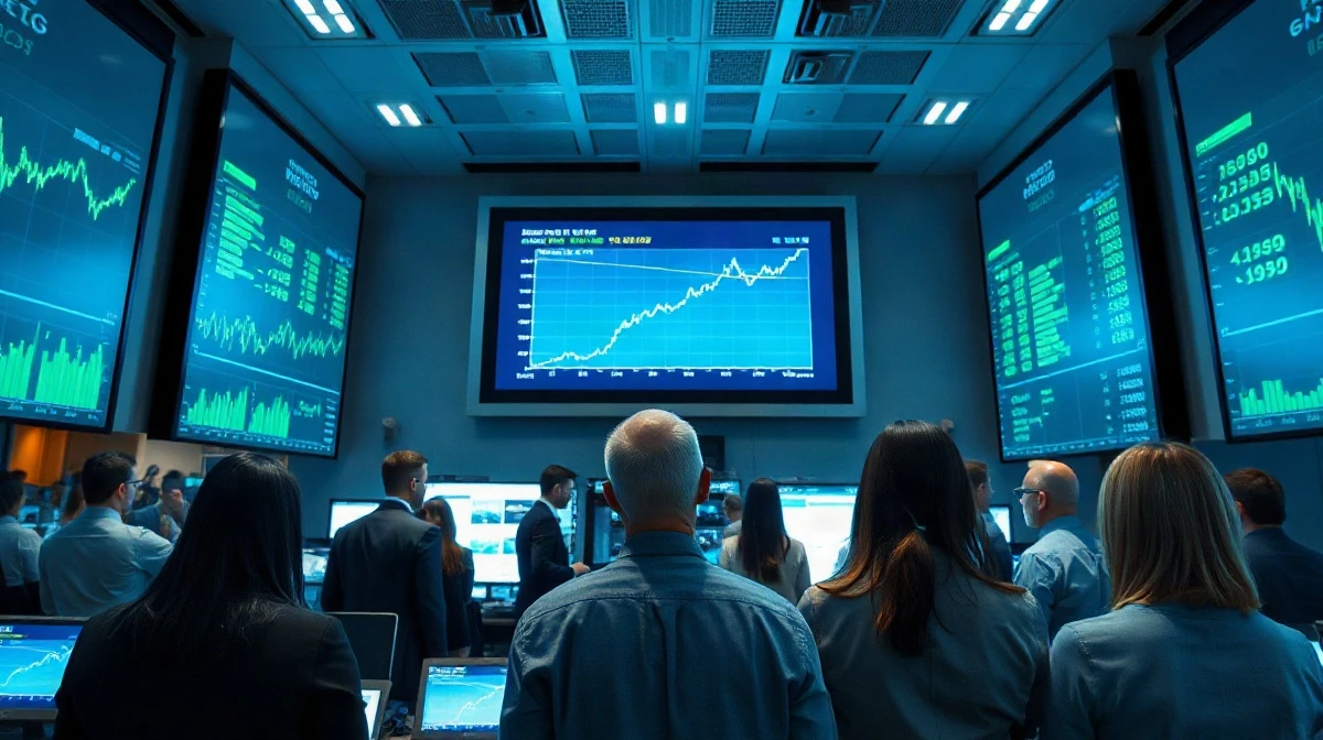 Traders on a modern floor with screens showing market data and an upward trend, symbolizing Nasdaq's tech-driven market modernization.