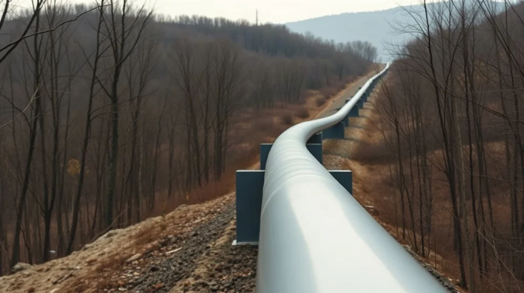 Natural gas pipeline in a forested Appalachian landscape under an overcast sky