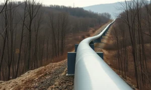 Natural gas pipeline in a forested Appalachian landscape under an overcast sky