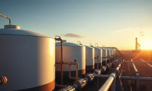 Natural gas storage tanks and pipes at an industrial facility at sunset
