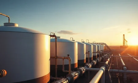 Natural gas storage tanks and pipes at an industrial facility at sunset