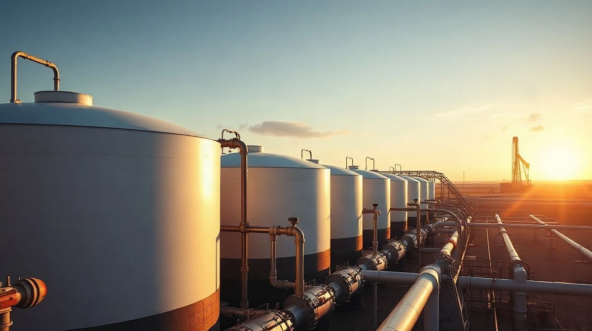 Natural gas storage tanks and pipes at an industrial facility at sunset