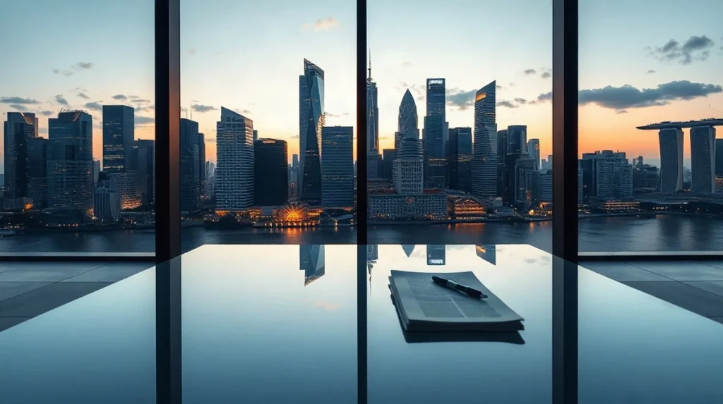 Singapore financial district skyline at dusk, representing asset management hub