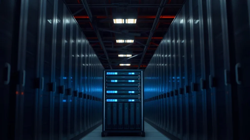 AI server hardware lit in a data centre aisle, illustrating Nvidia's new agent safety platform