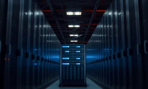 AI server hardware lit in a data centre aisle, illustrating Nvidia's new agent safety platform