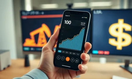 Financial chart on a smartphone showing an upward trend, with oil and dollar imagery in the background.