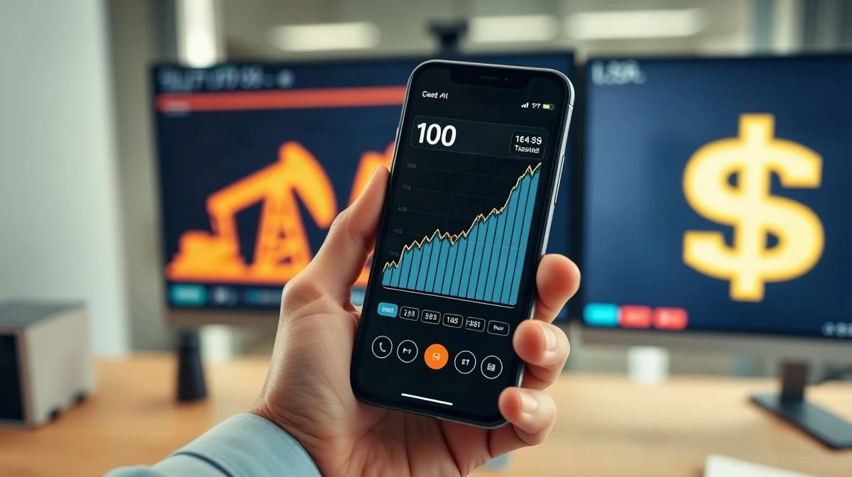 Financial chart on a smartphone showing an upward trend, with oil and dollar imagery in the background.
