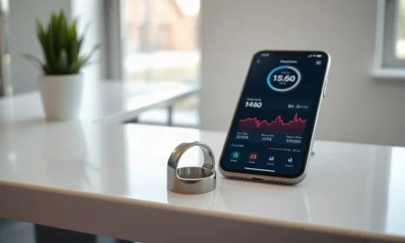 Oura smart ring beside a smartphone showing health tracking data on a desk