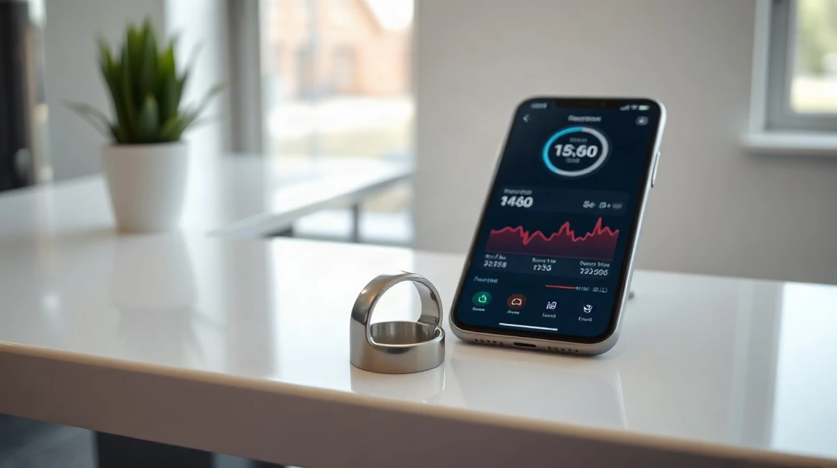Oura smart ring beside a smartphone showing health tracking data on a desk