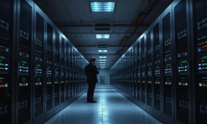 Dark data center aisle with blue-lit server racks and an engineer checking a tablet
