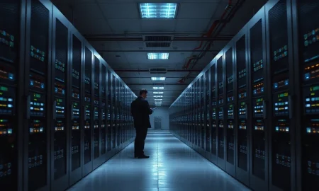 Dark data center aisle with blue-lit server racks and an engineer checking a tablet
