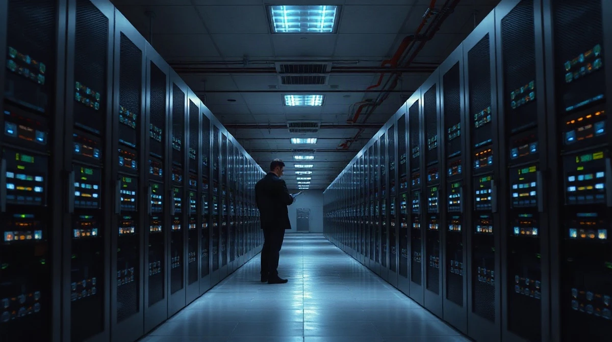 Dark data center aisle with blue-lit server racks and an engineer checking a tablet