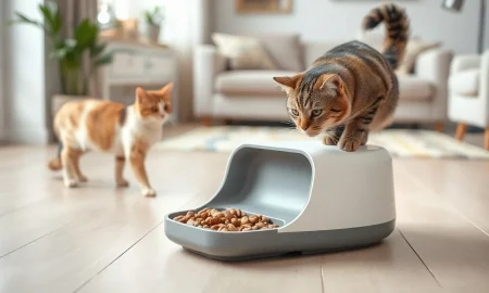 Automatic Petlibro Granary 2 dry food feeder on a wooden floor with a cat eating from its tray