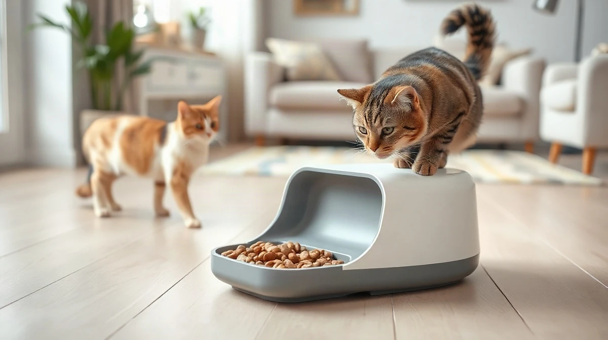 Automatic Petlibro Granary 2 dry food feeder on a wooden floor with a cat eating from its tray