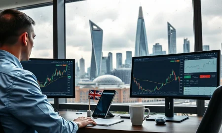 Currency trader monitors a rising GBP/USD chart on a London trading desk after stronger-than-expected UK July GDP data