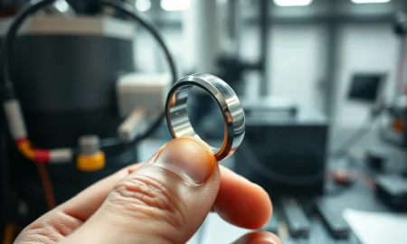 Ultrahuman smart ring on a finger with a blurred tech lab background