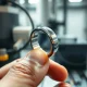 Ultrahuman smart ring on a finger with a blurred tech lab background