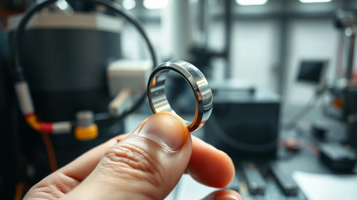 Ultrahuman smart ring on a finger with a blurred tech lab background
