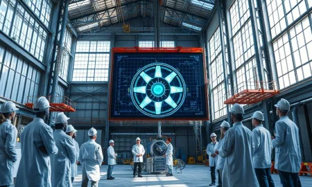 Engineers review a plasma reactor model at Realta Fusion's research facility in Madison, Wisconsin